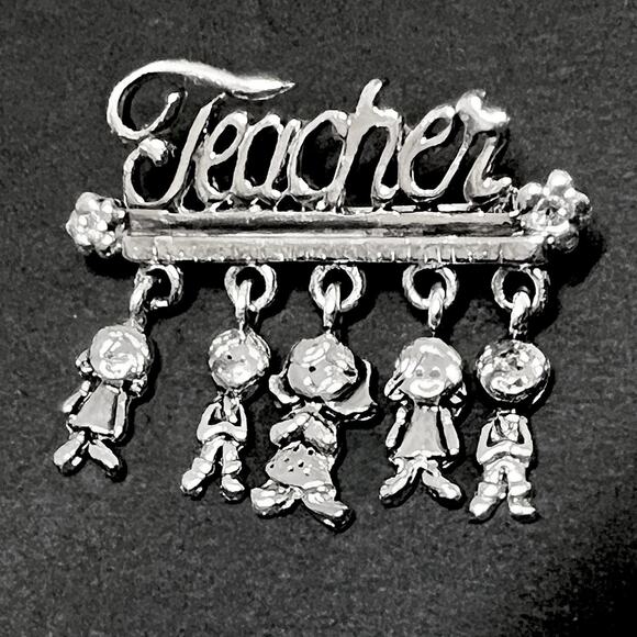 Danecraft Teacher Brooch Dangle Charms Kids Students Silver Tone Vintage Pin - Picture 4 of 6